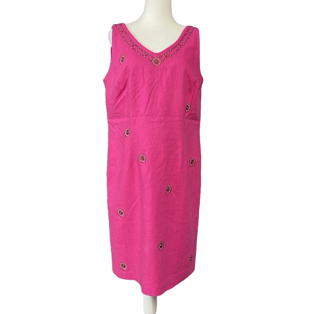 Sag Harbor Dress Womens 10 Pink Linen Rayon Embroidered Sheath V Neck Boho